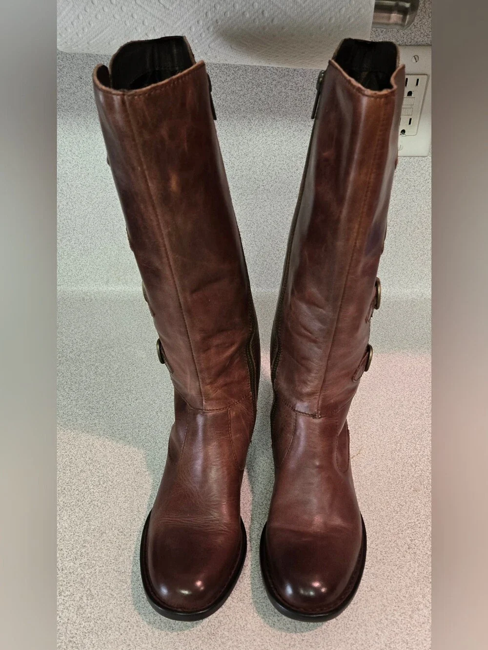 Women's Born Brown Tall Leather Buckle Riding Boots D76016, Size 8.5M